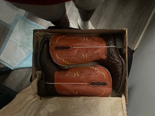 Customer photo review of Men’s Brown Crocodile Horn-Back Leather Boots With Orange Shaft
