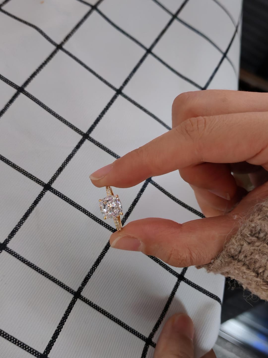 Customer photo review of Louily Classic 2.5Ct Cushion Cut Engagement Ring In Sterling Silver