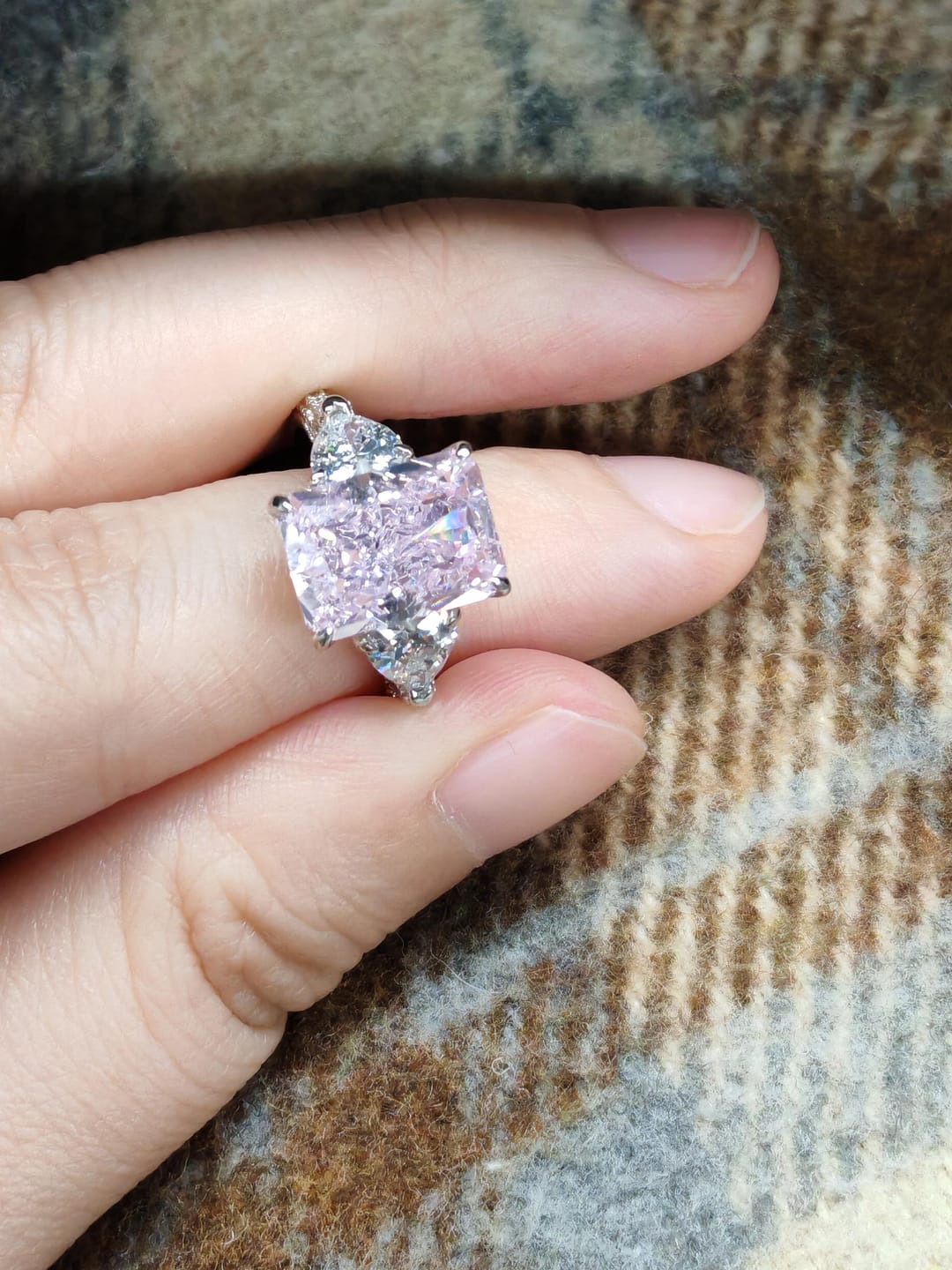 Customer photo review of S925 5.0Ct Pink/White Stone Radiant Cut Three Stone Engagement Ring Anniversary Ring For Women