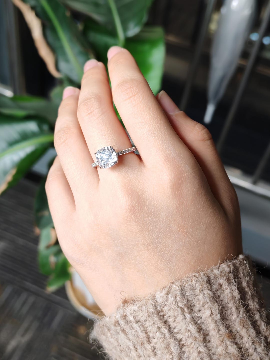 Customer photo review of Louily Classic 2.5Ct Cushion Cut Engagement Ring In Sterling Silver