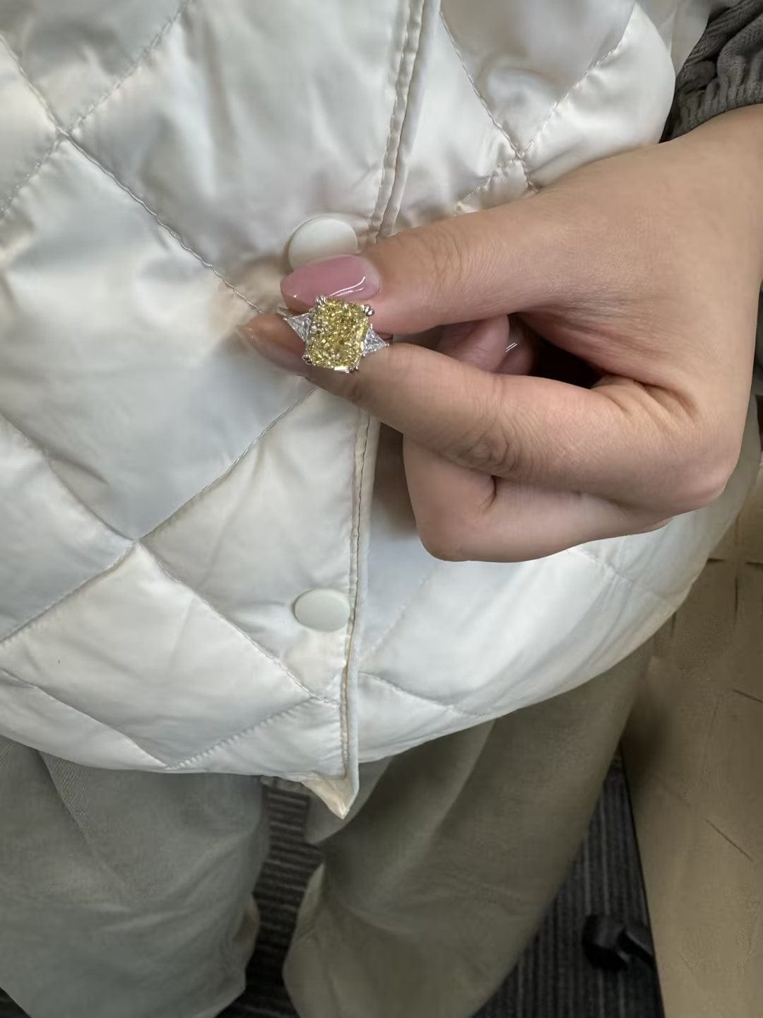 Customer photo review of S925 4.0Ct Radiant & Triangle Cut Yellow Stone Three Stone Engagement Ring In Sterling Silver
