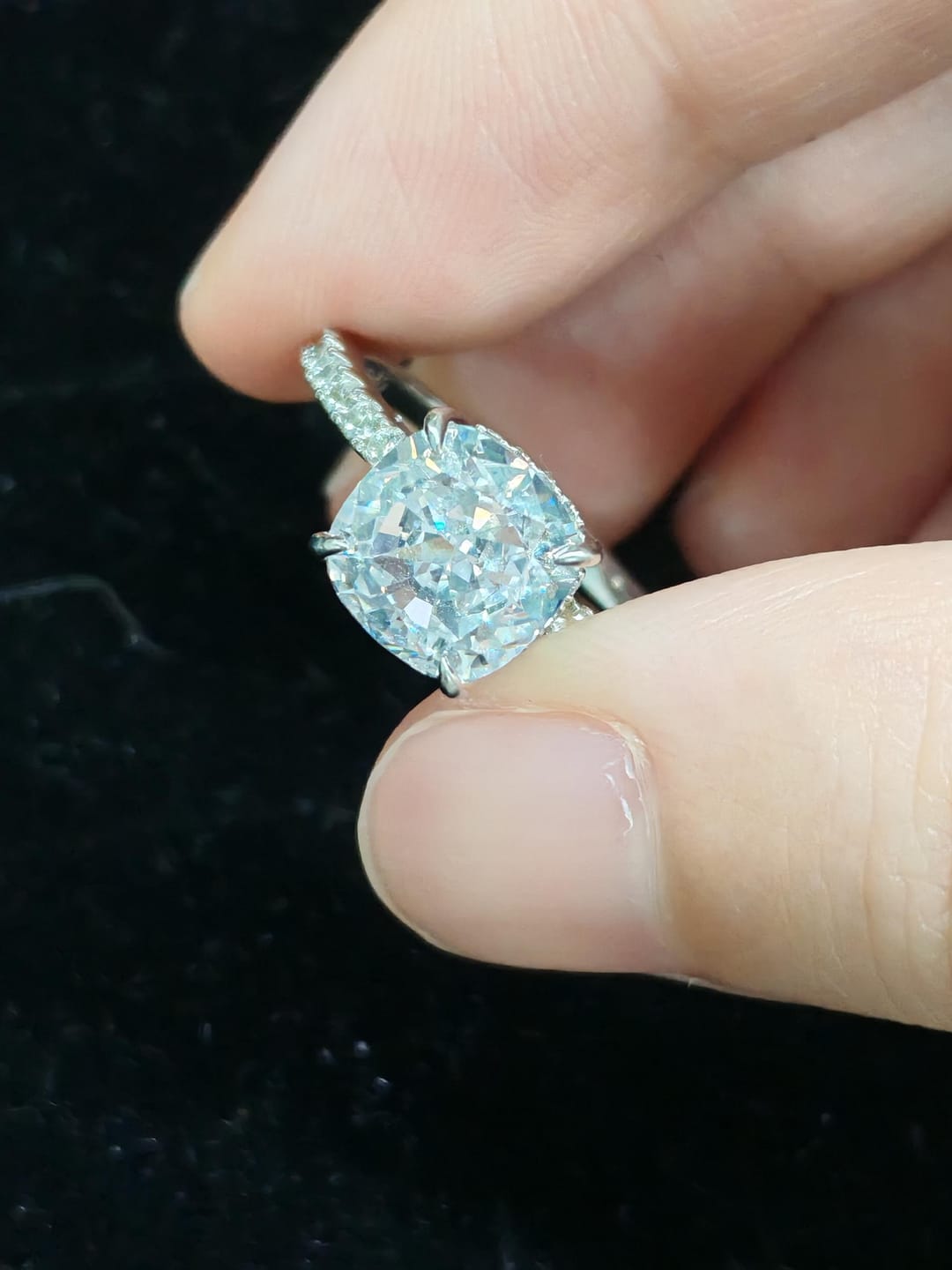 Customer photo review of Louily Classic 2.5Ct Cushion Cut Engagement Ring In Sterling Silver