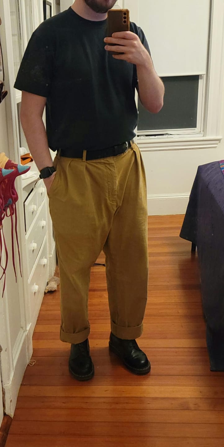 Customer photo review of 1930s IVY Style Double Pleated Chino Trousers - Yellow