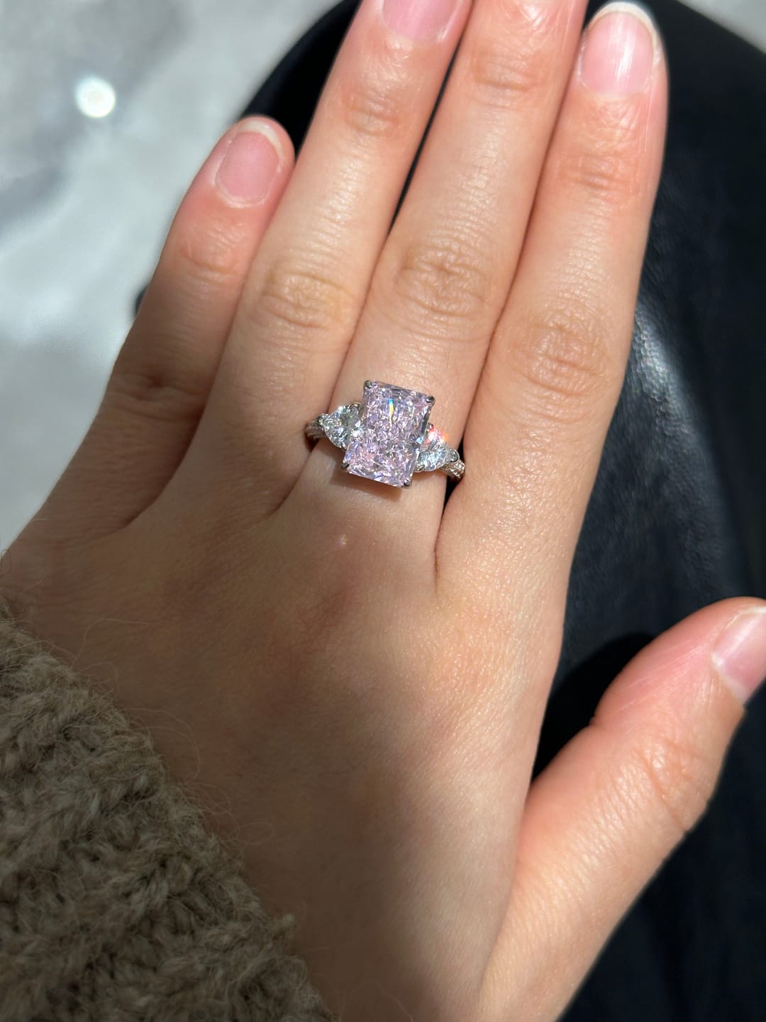 Customer photo review of S925 5.0Ct Pink/White Stone Radiant Cut Three Stone Engagement Ring Anniversary Ring For Women