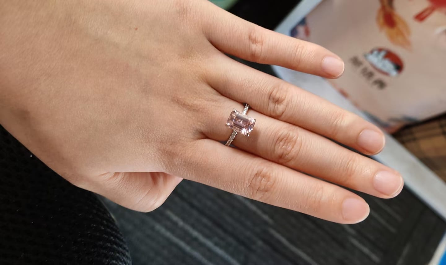 Customer photo review of Louily Elegant Emerald Cut Morganite Pink Women's Engagement Ring In Sterling Silver