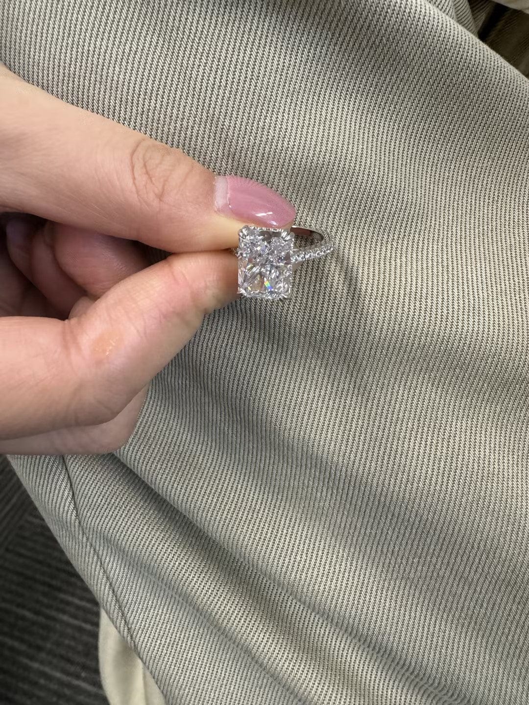 Customer photo review of S925 4.5Ct Radiant Cut Engagement Ring Moissanite/Simulated Diamond Solitaire Stackable Travel Ring For Women