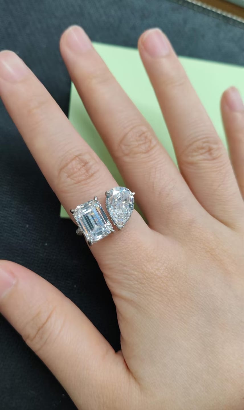 Customer photo review of Louily Unique Double Stones Design Emerald Cut & Pear Cut Engagement Ring