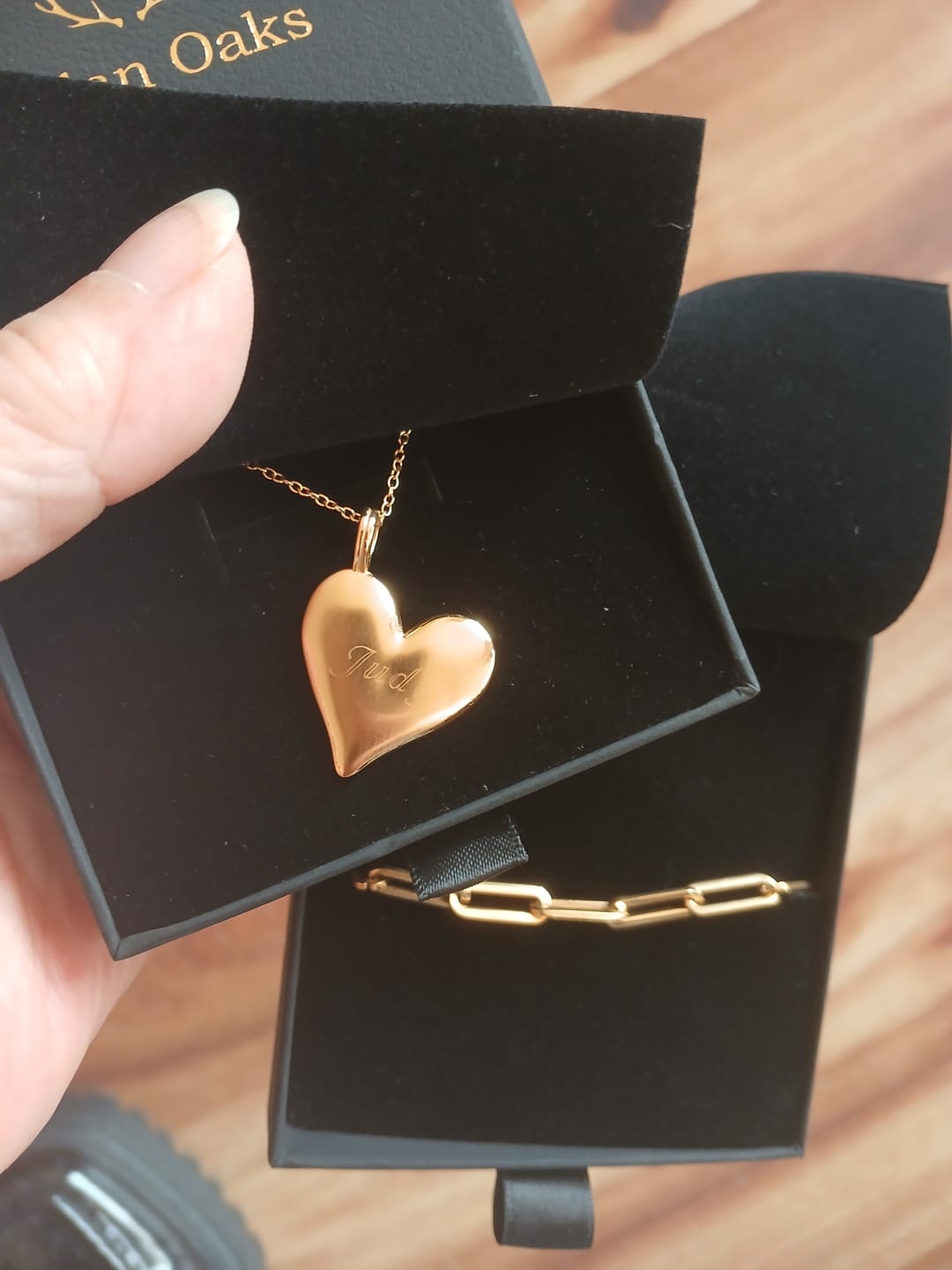 Customer photo review of J Initial Pendant Necklace In Gold