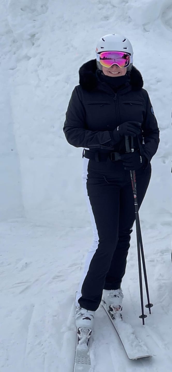 Customer photo review of Women's Minimalist Faux Fur Black & White Down One-piece Ski Suits