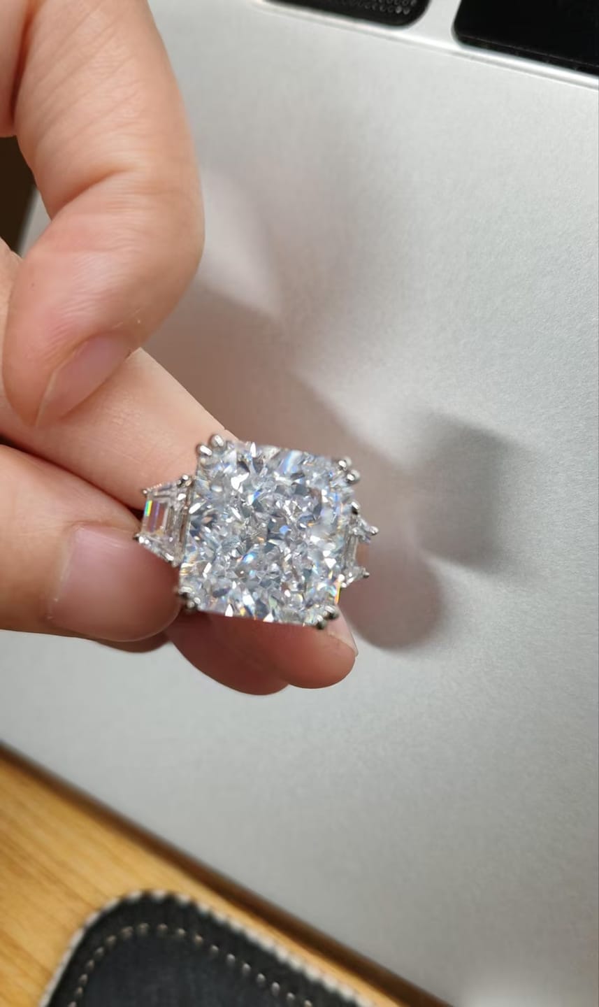 Customer photo review of S925 6.5/12.0 Ct Radiant Cut Crushed Ice Simulated Diamond Three-Stone Engagement Travel Ring