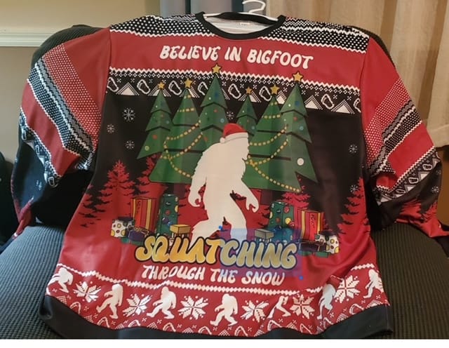 Customer photo review of Bigfoot Squatching Through The Snow Christmas Ugly Sweater