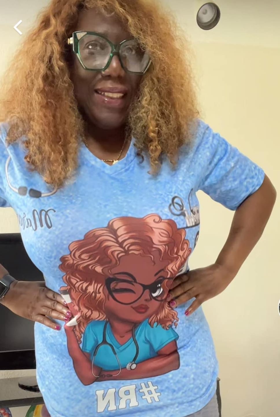Customer photo review of Pretty Doll Nurse Scrub CNA RN Healthcare Worker Personalized V-neck 3D T-shirt