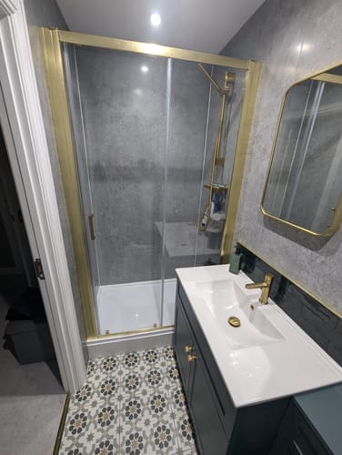 Customer photo review of ShowerWorx Atlantic Brushed Brass 1100 x 1900mm Sliding Shower Door - 6mm Glass