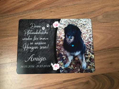 Customer photo review of Hunde Gedenktafel mit Foto & Spruch (UV- & Wetterfest)