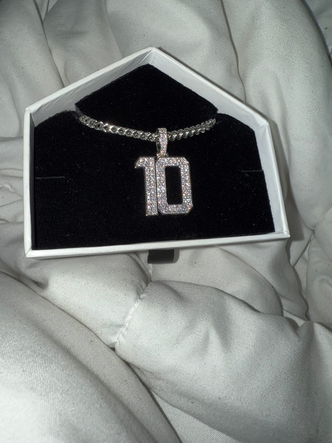 Customer photo review of Iced Jersey Number Pendant with Moissanite Diamonds (Silver Rhodium)