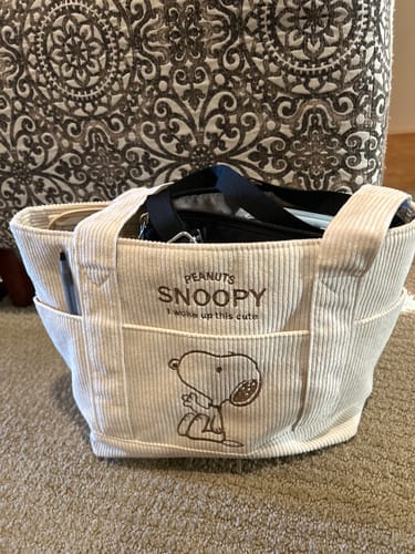 Customer photo review of Peanuts Snoopy Corduroy Tote Bag - I Woke Up This Cute (4 Colors)
