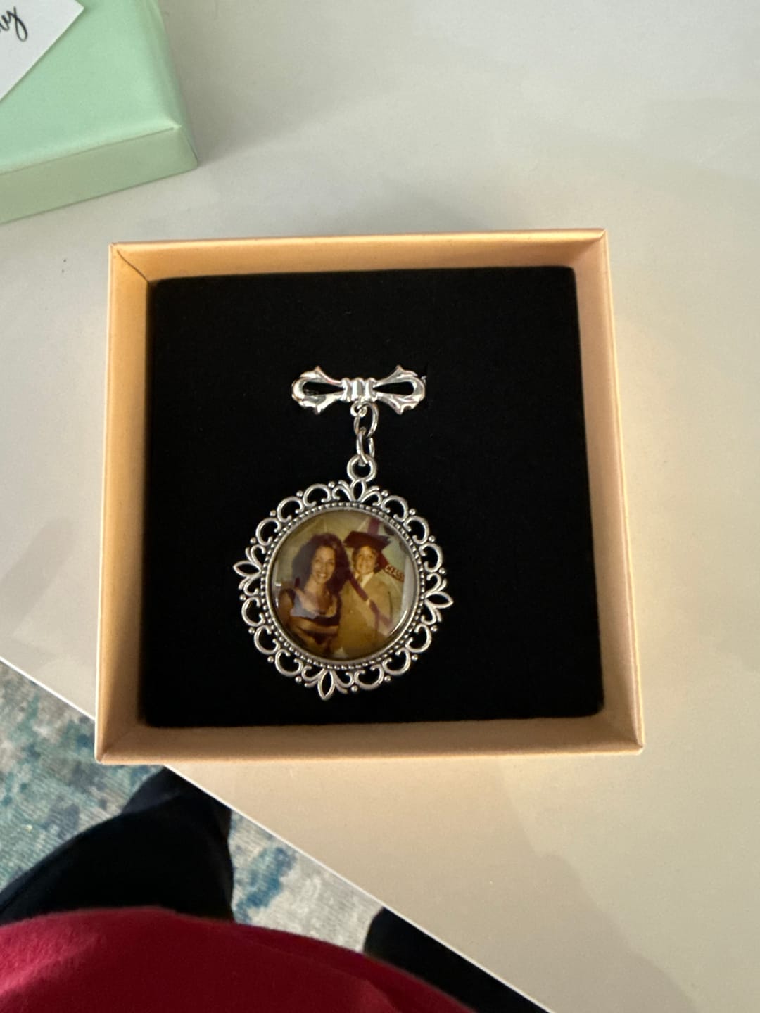 Customer photo review of Keep Photo Close To Your Heart - Custom Memorial Photo Personalized Bow Pin - Wedding Gift For Groom, Bride