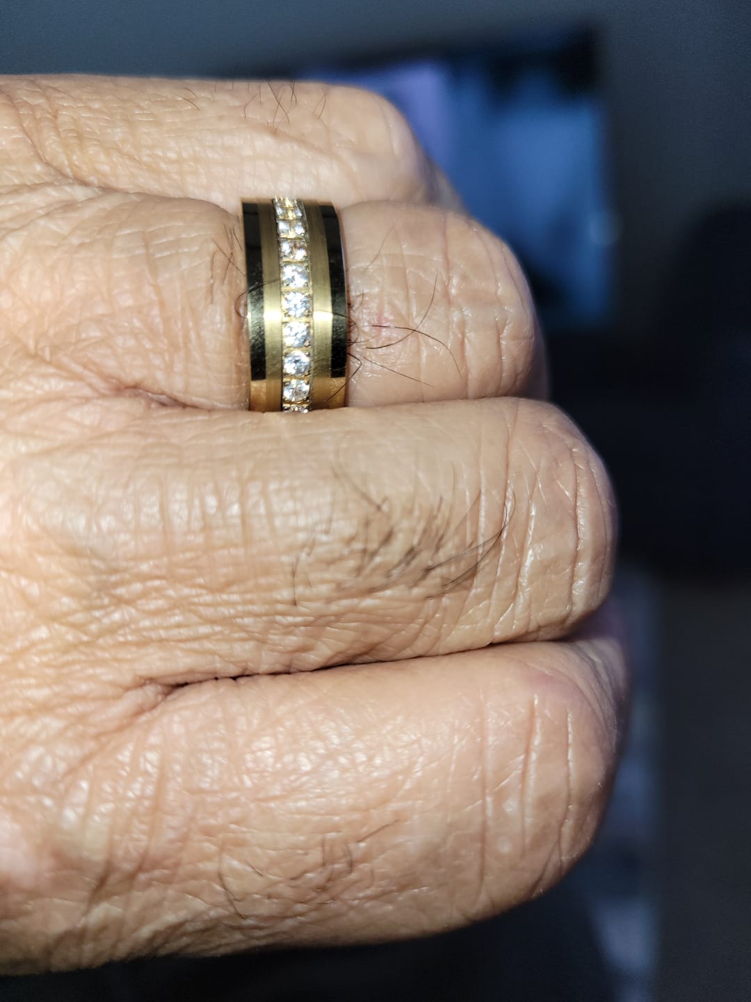 Customer photo review of 8mm - Men's Tungsten Wedding Band, CZ Diamond Ring, Comfort Fit Ring, Yellow Gold Ring,