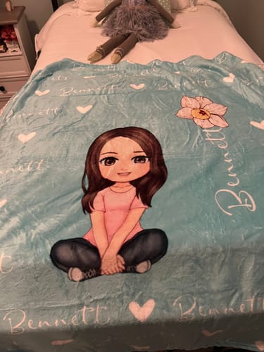 Customer photo review of Cute Cartoon Character - Personalised Name Heart Birth Flower Soft Throw Blanket - A Gift For Birthday Person,Friend,Family