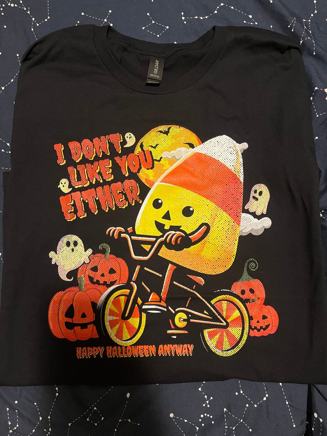 Customer photo review of I Don't Like You Either Cutie Candy Corn HalloweenT-Shirt
