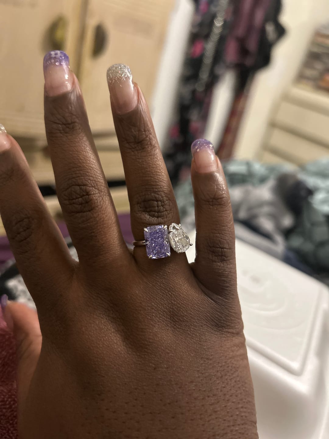 Customer photo review of Louily Unique Double Stones Design Radiant & Pear Cut Engagement Ring In Sterling Silver