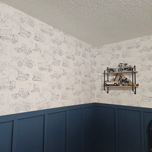 Customer photo review of York KS2350 Construction Blueprint Navy Wallpaper