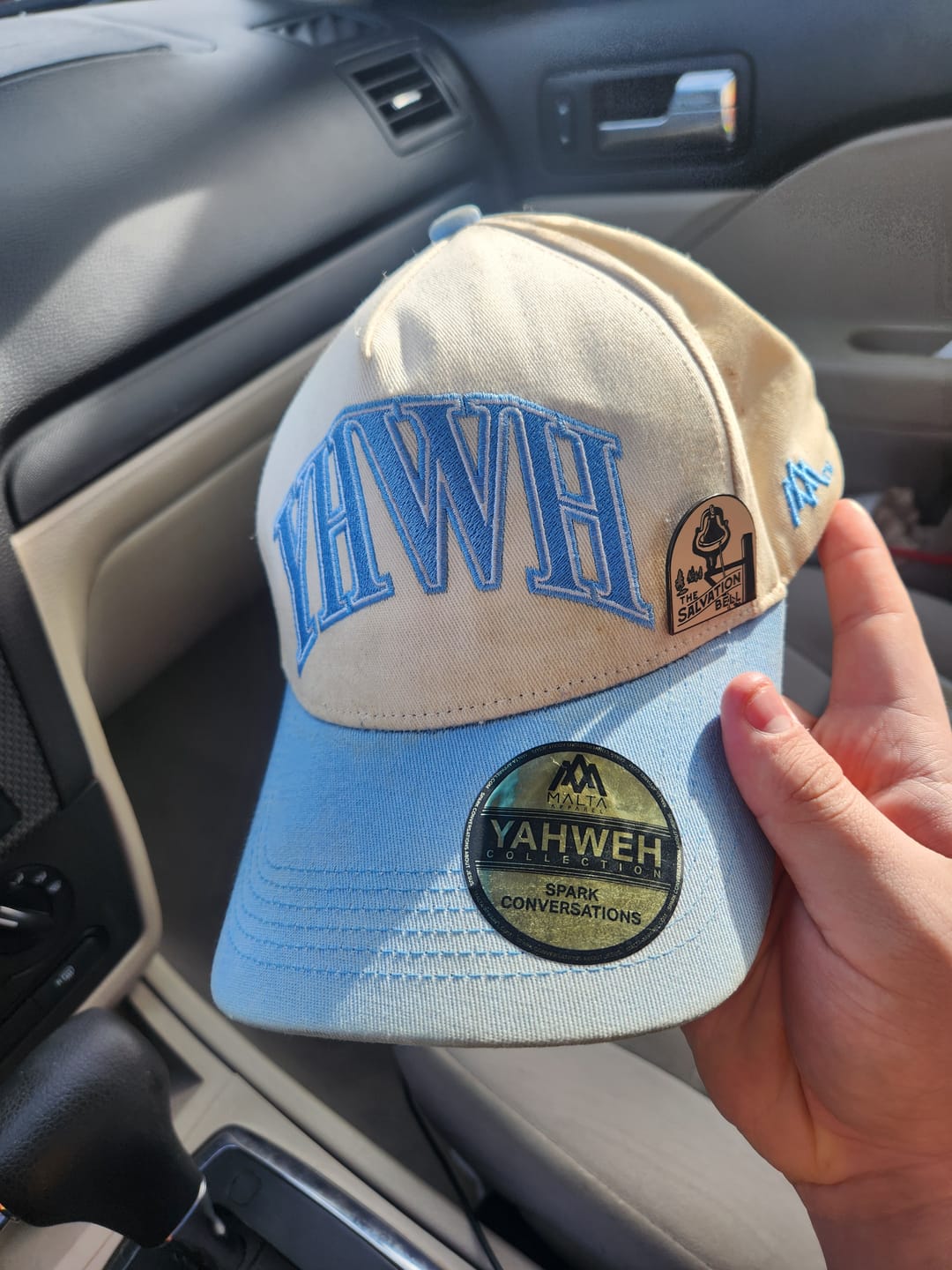 Customer photo review of ‘YHWH’ Structured SnapBack - Cream/Baby Blue