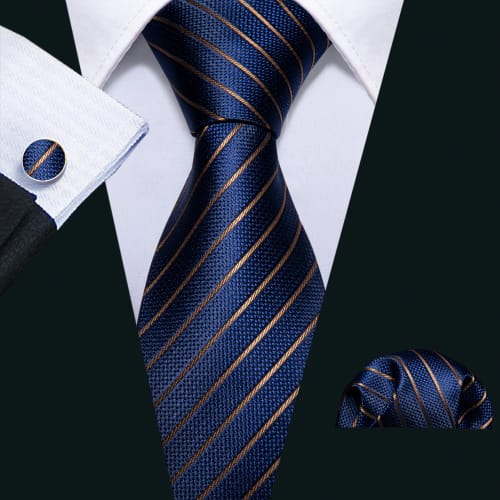 Customer photo review of Ties2you Blue Tie Gold Striped Silk Men's Tie Hanky Cufflinks Set Classic Formal