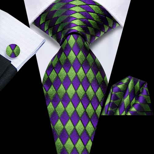Customer photo review of Ties2you Silk Tie Green Purple Diamond Plaid Mens Dress Tie Pocket Square Cufflinks Set for Formal