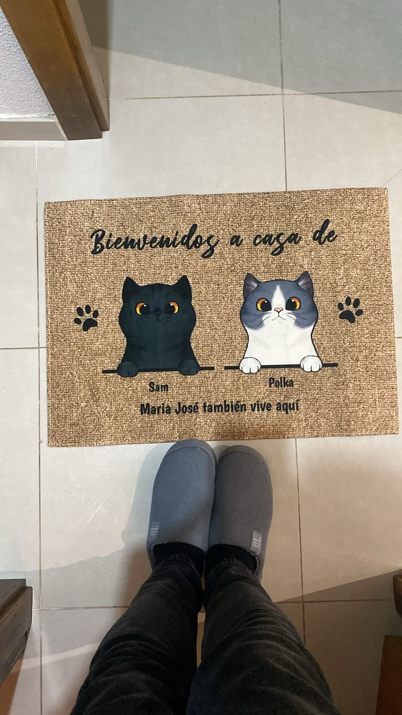 Customer photo review of Bienvenidos a lo de gatos curiosos - Felpudo personalizado