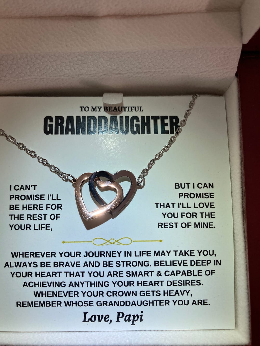 Customer photo review of [ALMOST SOLD OUT] To My Beautiful Granddaughter - Interlocked Hearts Necklace Gift Set - SS117