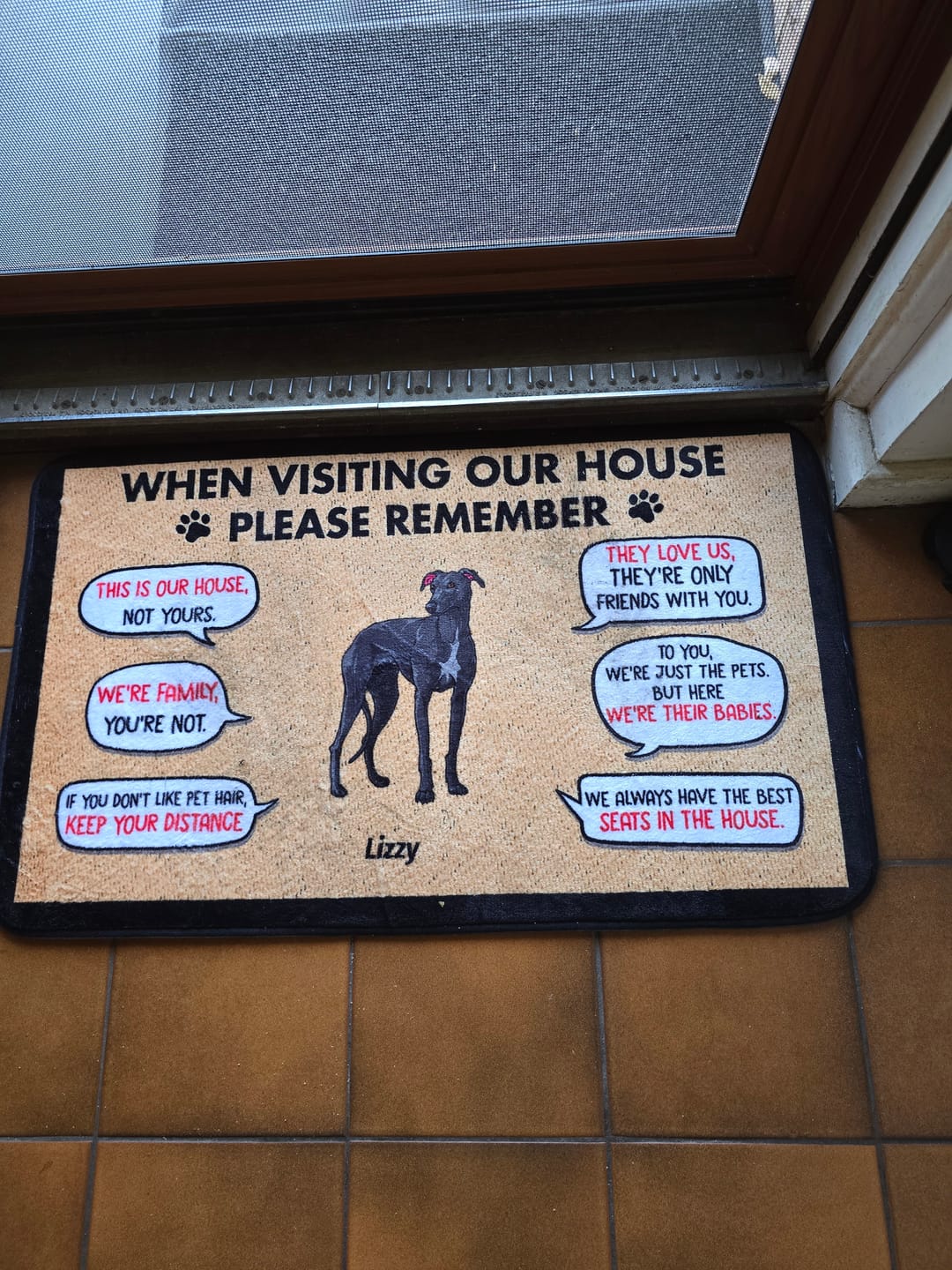 Customer photo review of Visting My House Please Remember, Personalized Doormat, Custom Gift For Dog Lovers