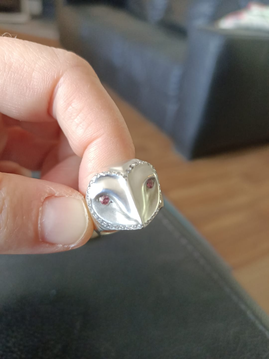Customer photo review of Barn Owl Ring with Diamonds and Sapphires