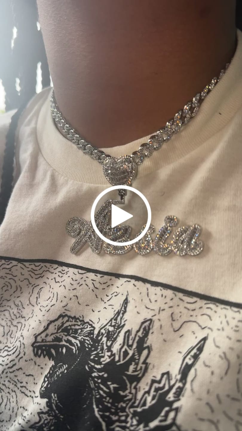 Customer video review of ICED HEART CUSTOM CURSIVE NAME BAGUETTE PENDANT