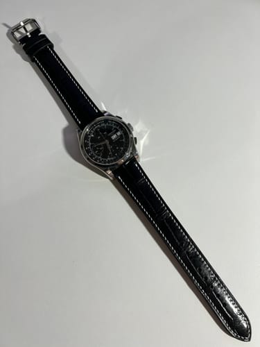 Black crocodile leather watch strap on a Longines Heritage 1954 Chronograph