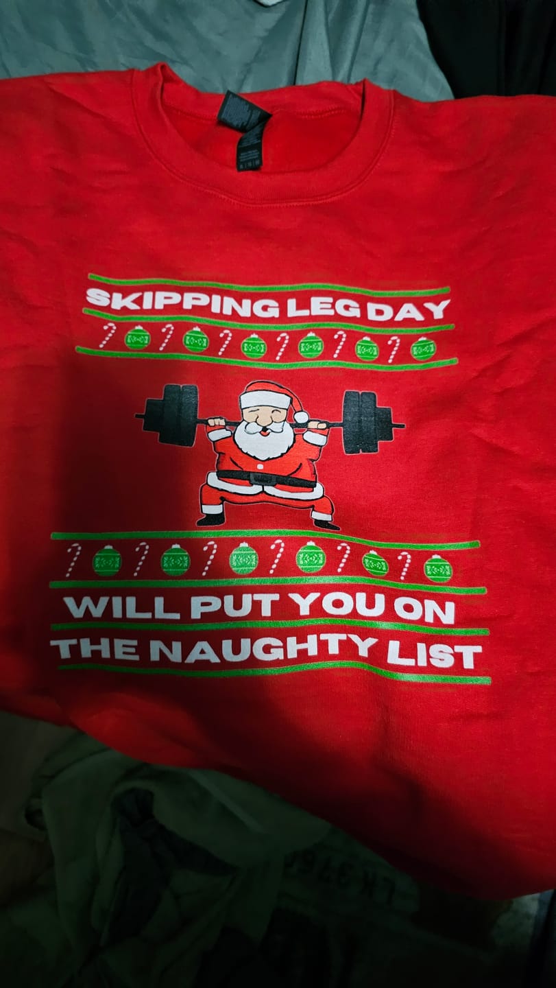 Customer photo review of Leg Day Christmas Sweater