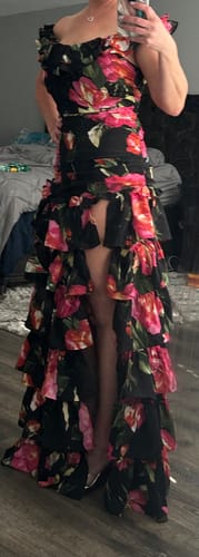 Customer photo review of Eivissa Floral Off Shoulder Ruffle Tier Maxi Dress - Black