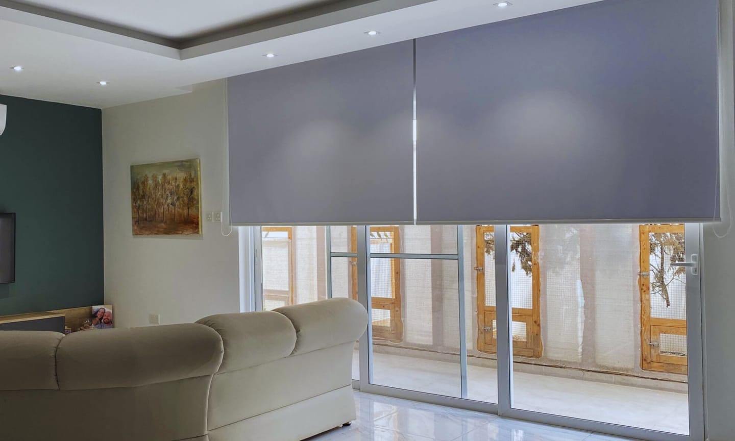 Customer photo review of Endura Gray Violet Blackout Roller Blinds