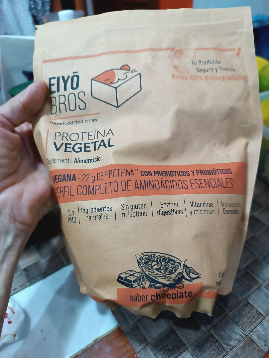Customer photo review of Proteína vegetal sabor chocolate 600 g empaque 100% biodegradable