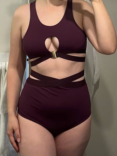Customer photo review of Naomi Top - Scoop Neck Cut Out Mesh Top Recycled Mulberry