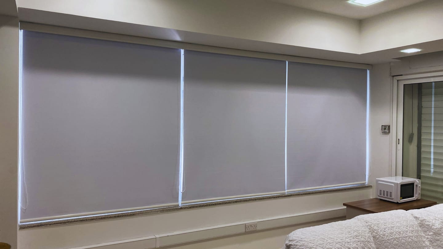 Customer photo review of Endura Gray Violet Blackout Roller Blinds