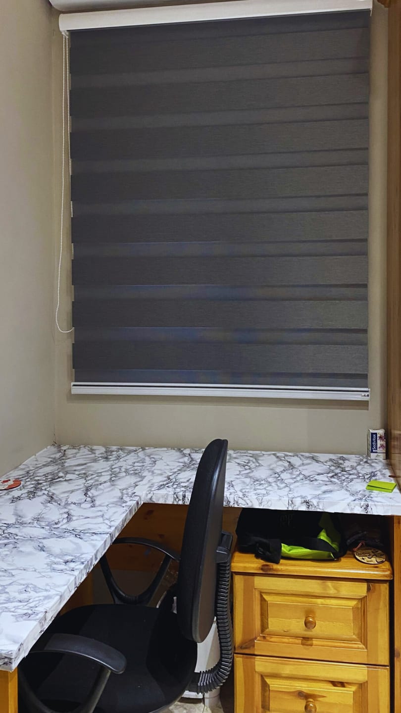 Customer photo review of Charcoal Gray Blackout Day & Night Blinds