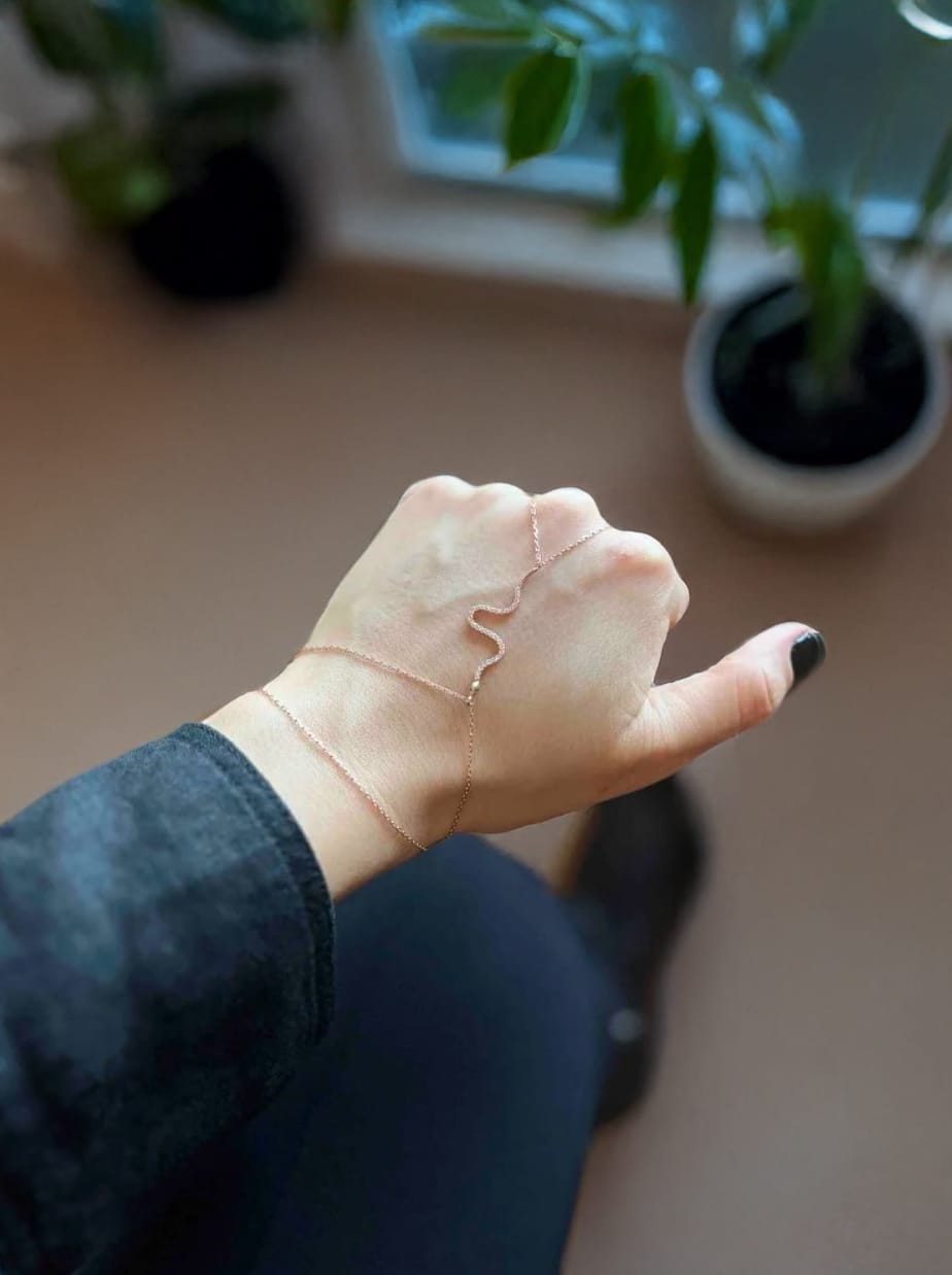 Customer photo review of Diamond Snake Silver Delicate Hand Chain Bracelet