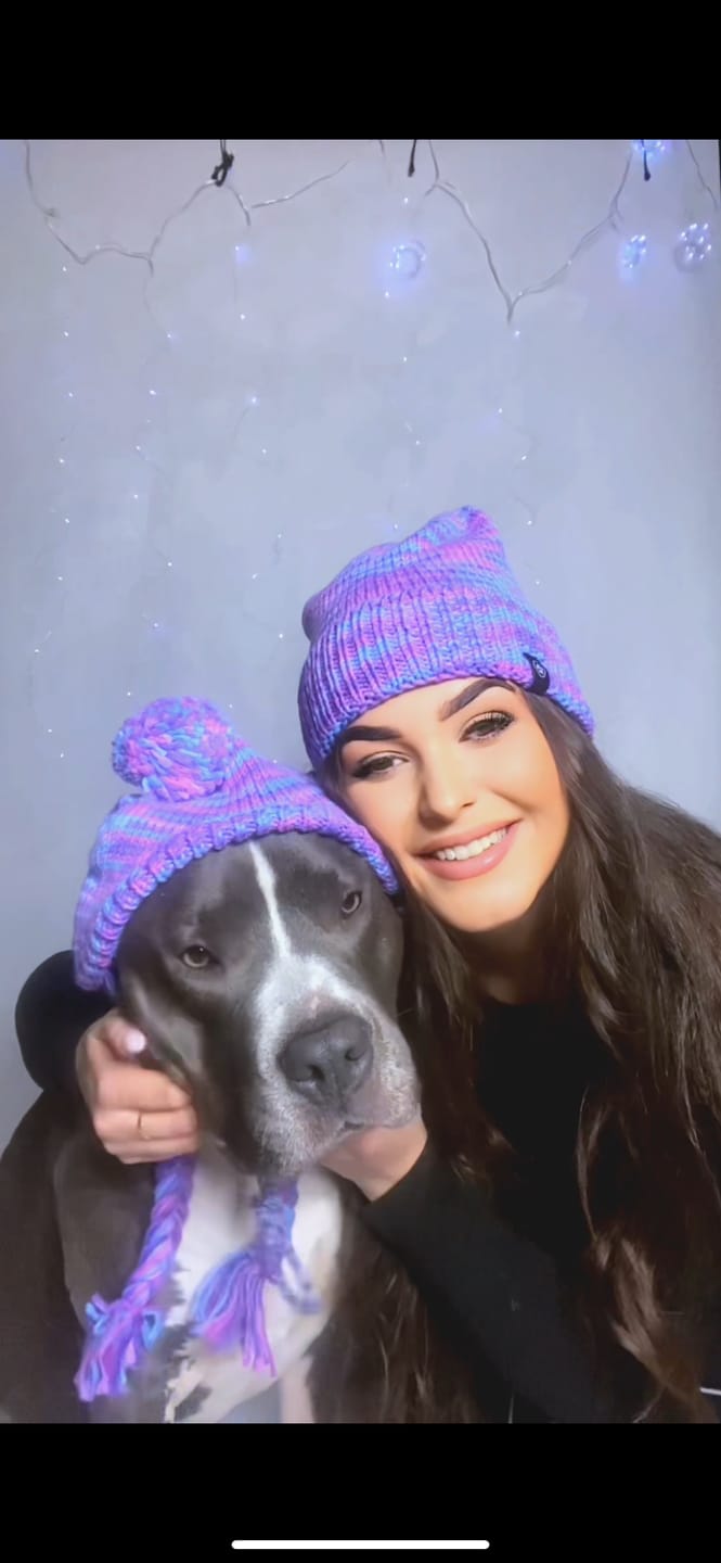 Customer photo review of Human Pompom Hat - Purple & Lavender