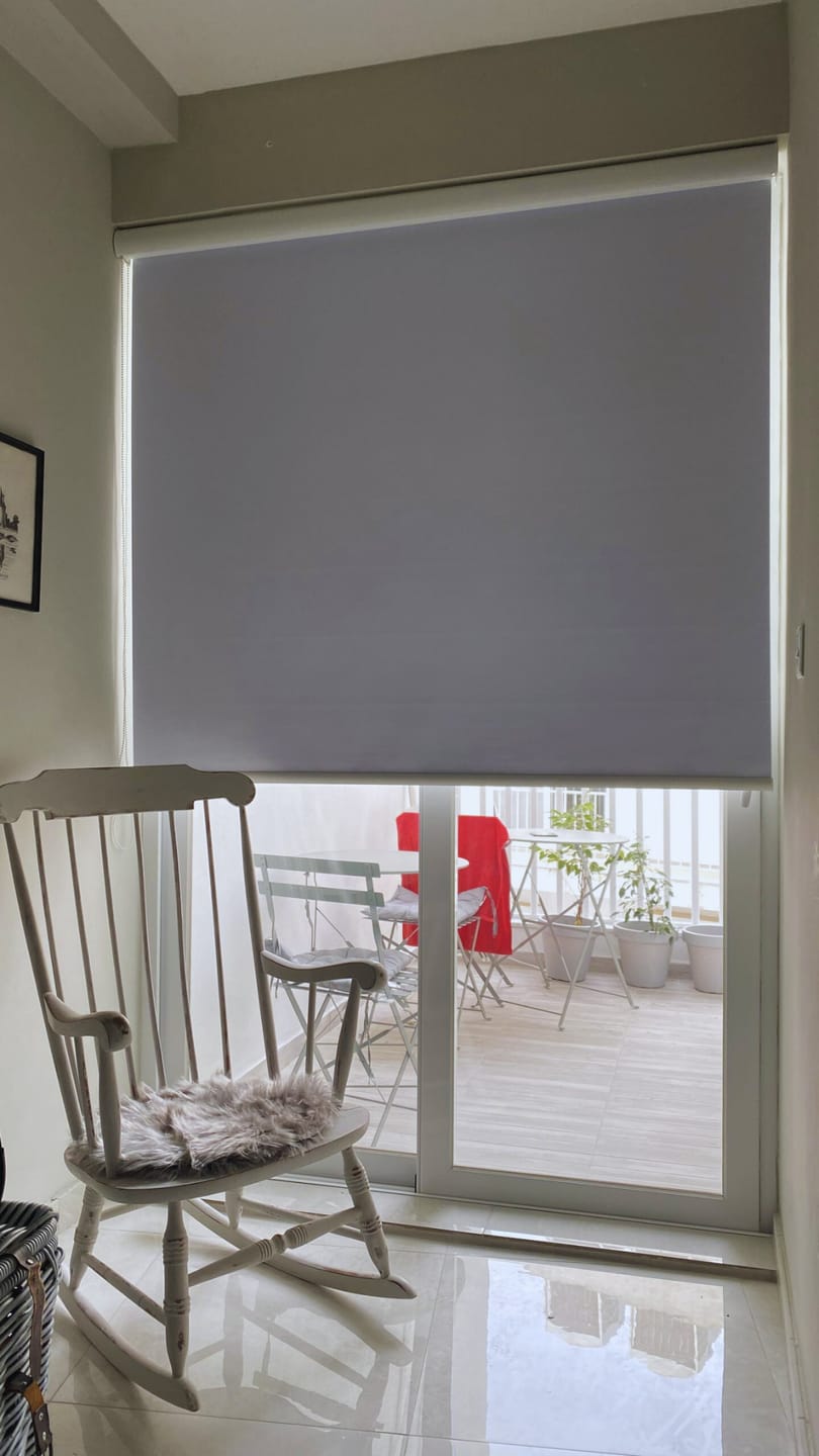 Customer photo review of Endura Gray Violet Blackout Roller Blinds
