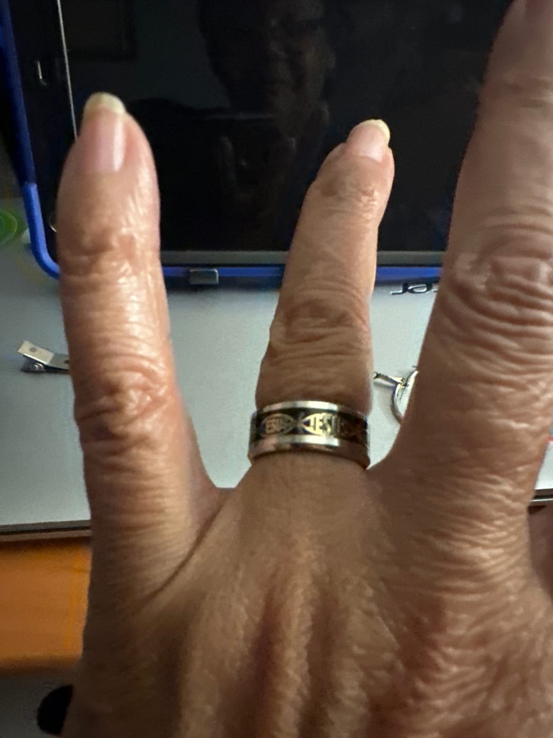 Customer photo review of Christianartworkshop Rustic Stainless Steel Ring: "Jesus" in Fish