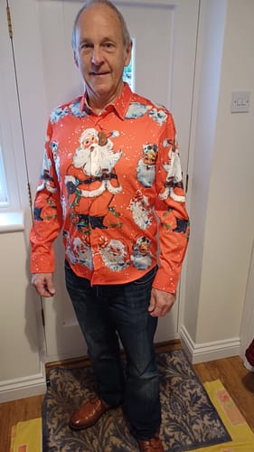 Customer photo review of Men's Christmas Themed Santa Claus Xmas Costume Red Funny Long Sleeve Shirt