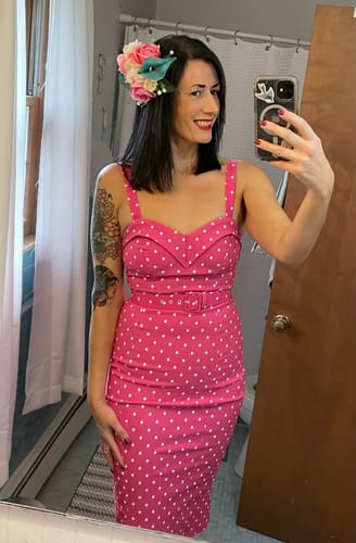 Customer photo review of Maneater Wiggle Dress in Hot Pink & White Polka Dot - Vixen by Micheline Pitt