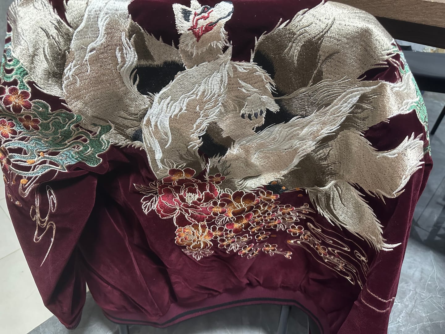 Customer photo review of Kitsune 九尾の狐 Sukajan Souvenir Bomber Jacket (Black & Red)