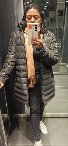 Customer photo review of Black Leather Look Duck Down Puffer Coat